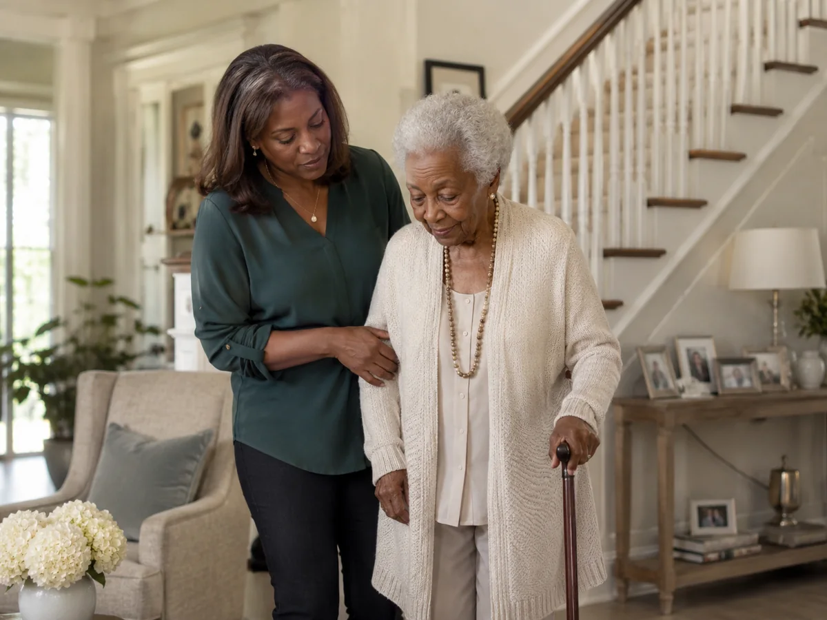 Adult daughter helping her mother at home