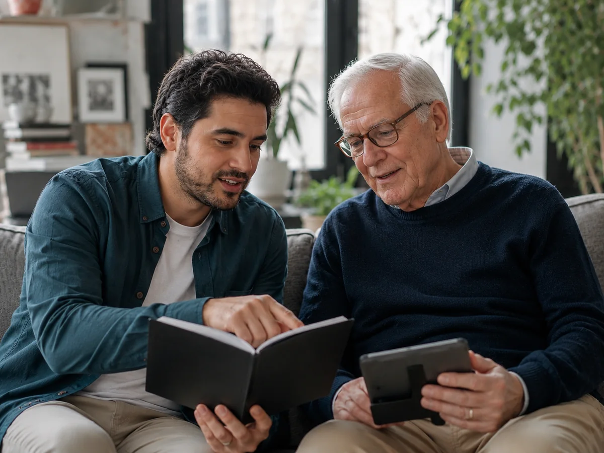 Advisor and senior man reviewing information on a tablet