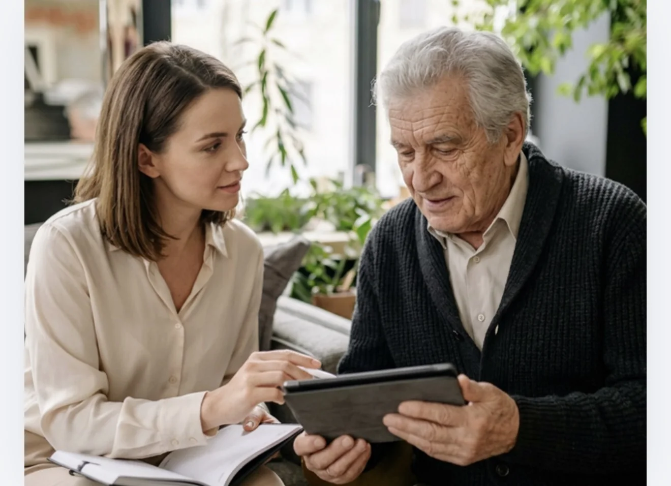 Advisor and senior reviewing information on a tablet