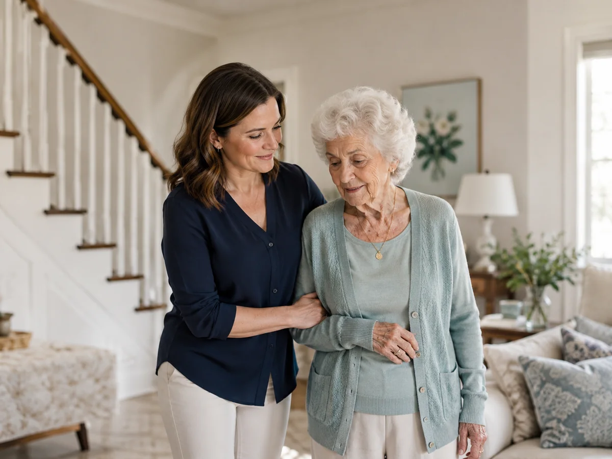 Daughter and mother standing together in a home entryway