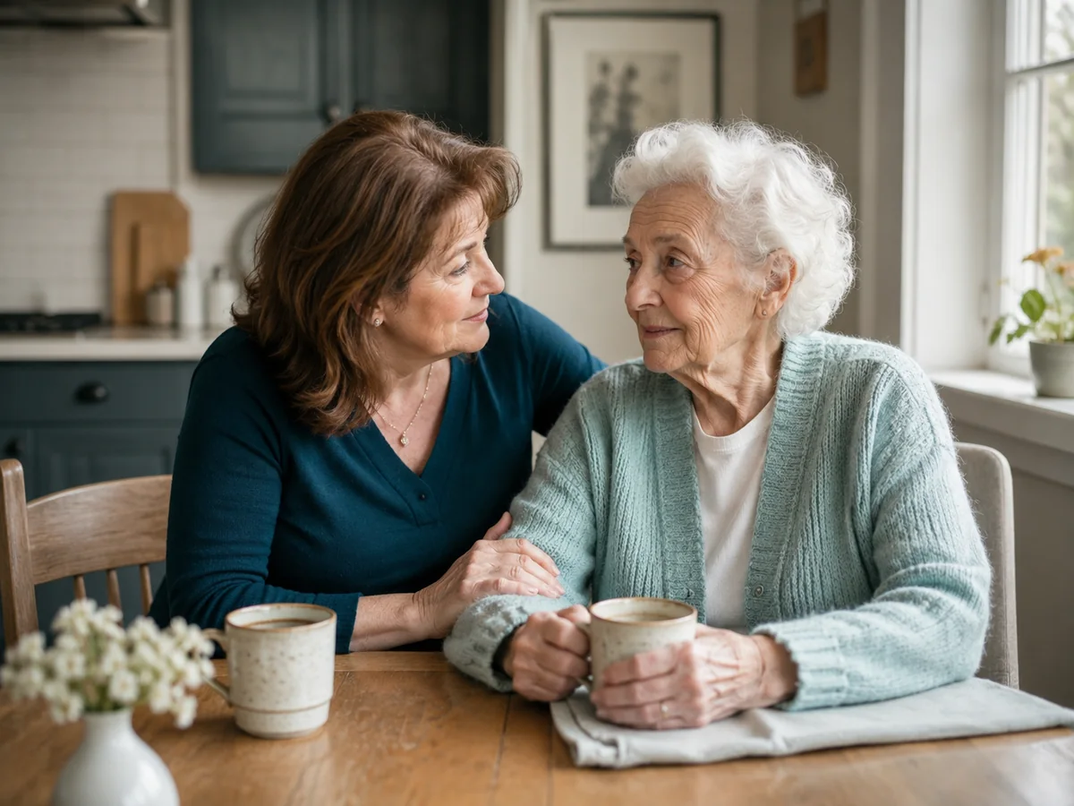 Adult daughter and mother talking in a kitchen