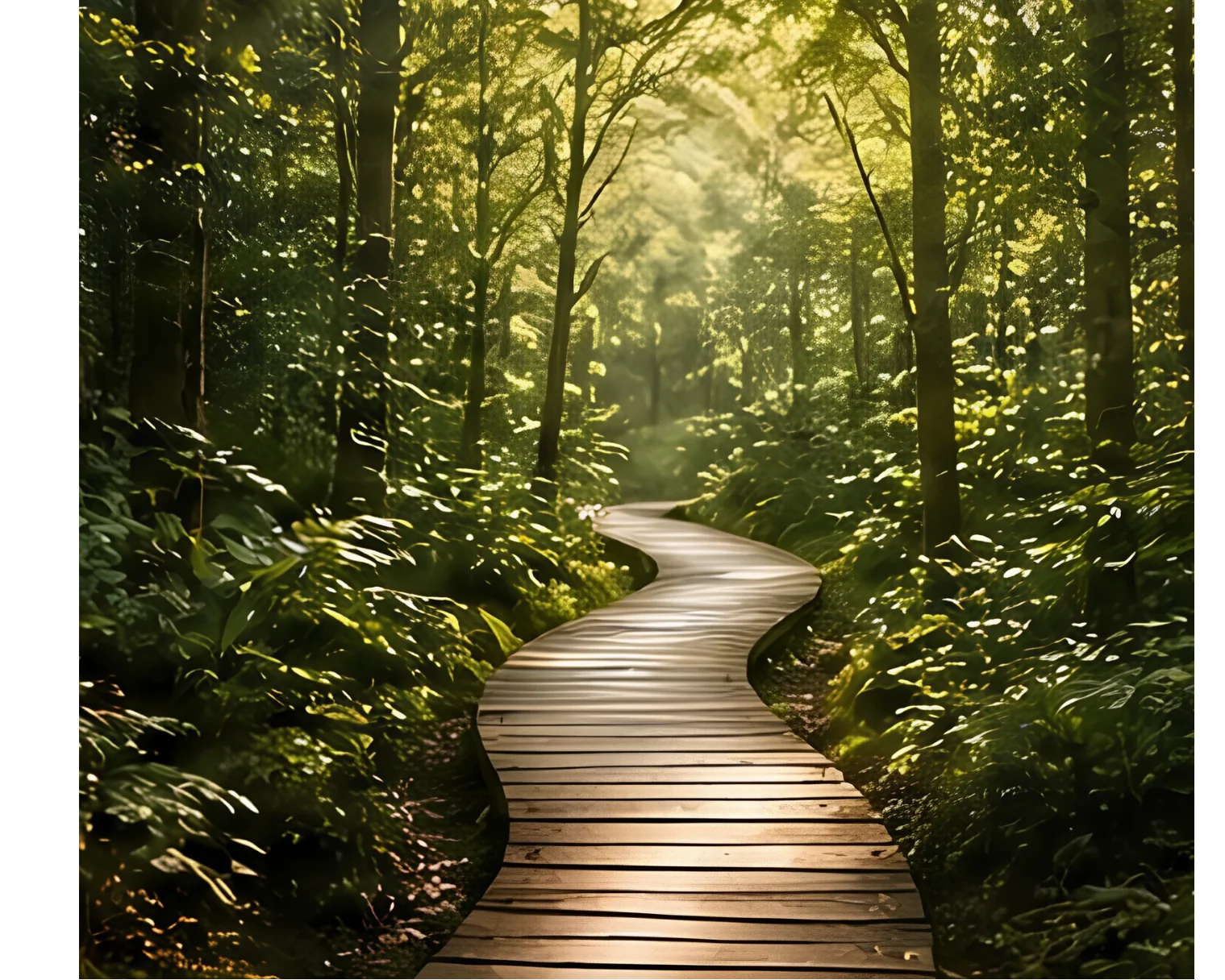 Light-filled garden boardwalk pathway