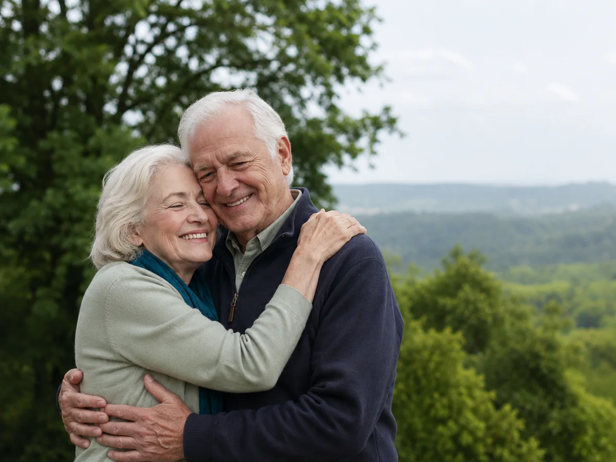 Senior couple embracing near a calm overlook